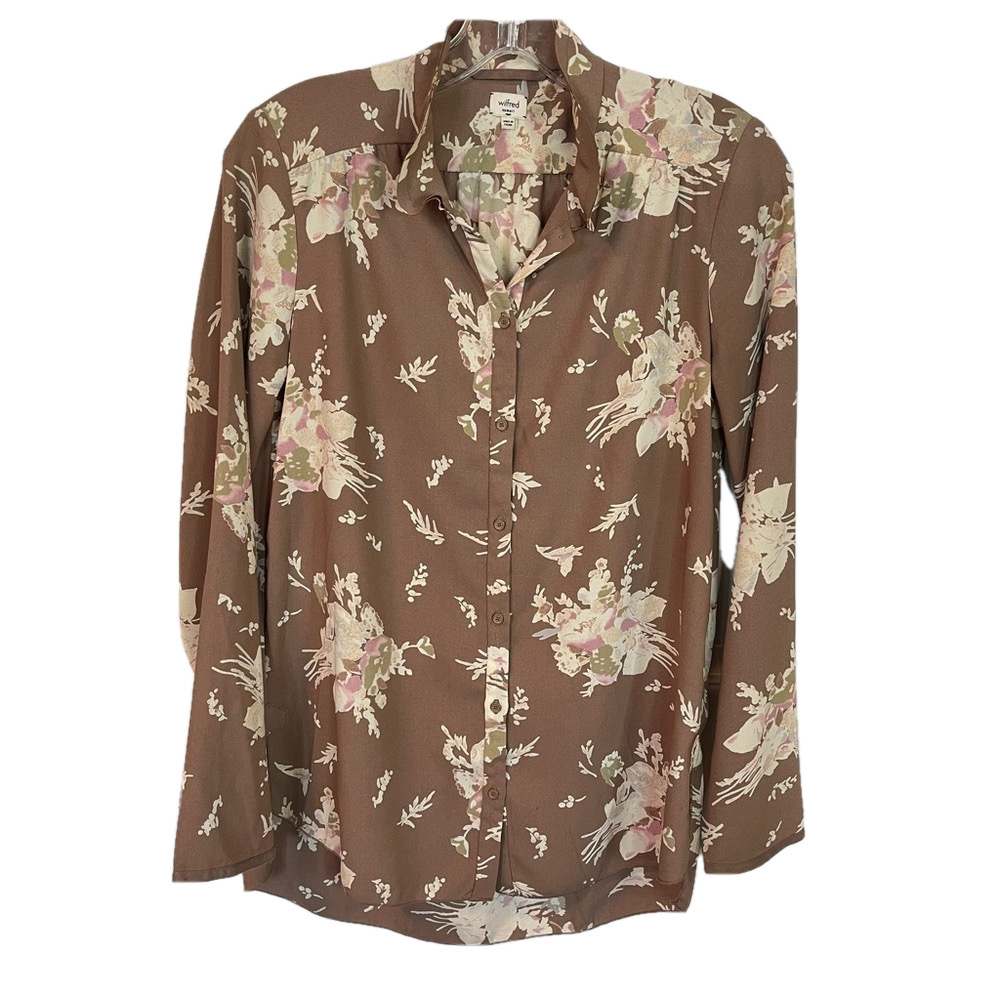 Wilfred Women Long Sleeve Button Up Brown Floral Blouse XS Mocha Chocolate Prep